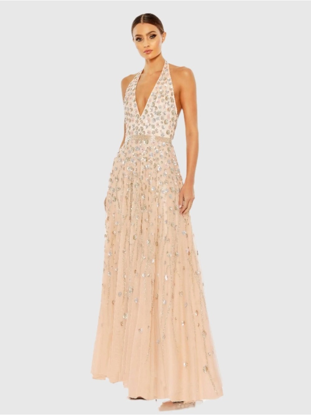 Mac Duggal 5654 Pink Floral Embellished Halter Strap A Line Gown Size 14 NWT